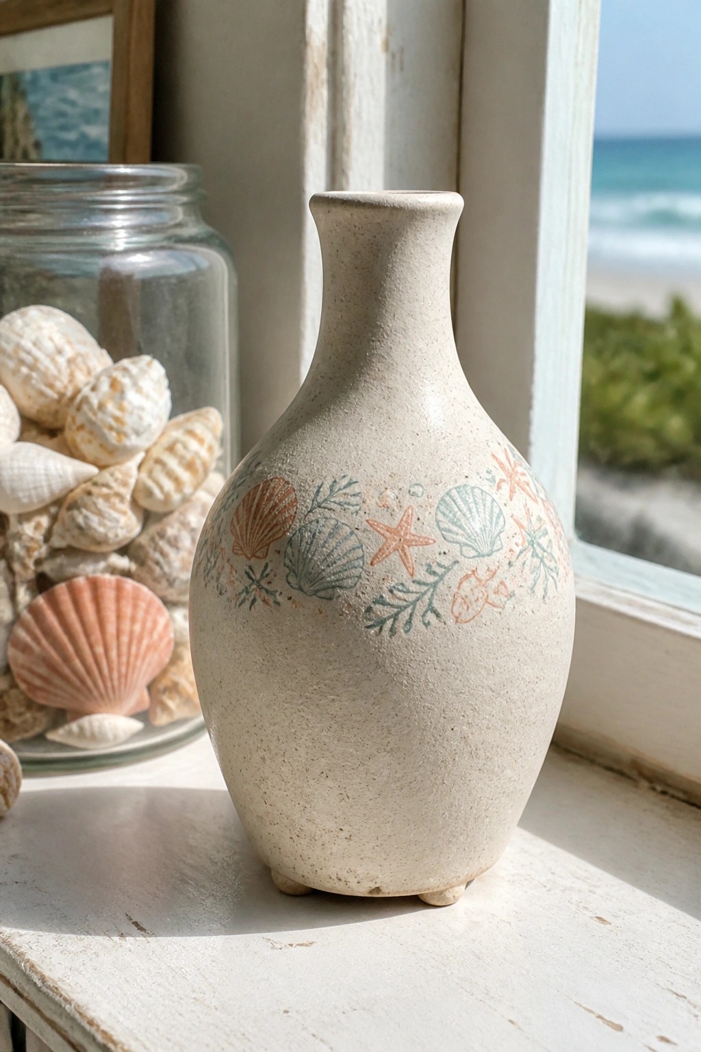Beige ceramic vase with shell and starfish prints on ocean-view windowsill beside shell jar