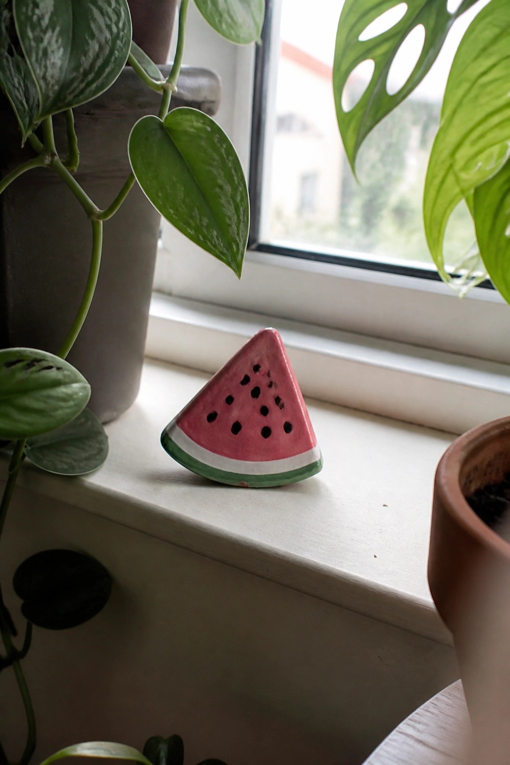 Ceramic watermelon slice on sunny windowsill amid lush green houseplants