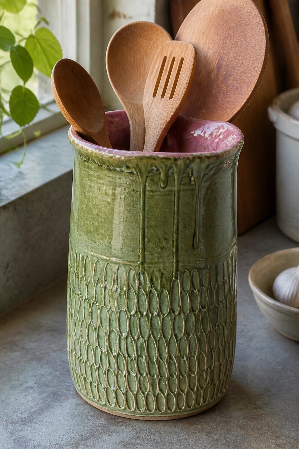 Green ceramic utensil holder with pink rim and textured pattern holding wooden spoons