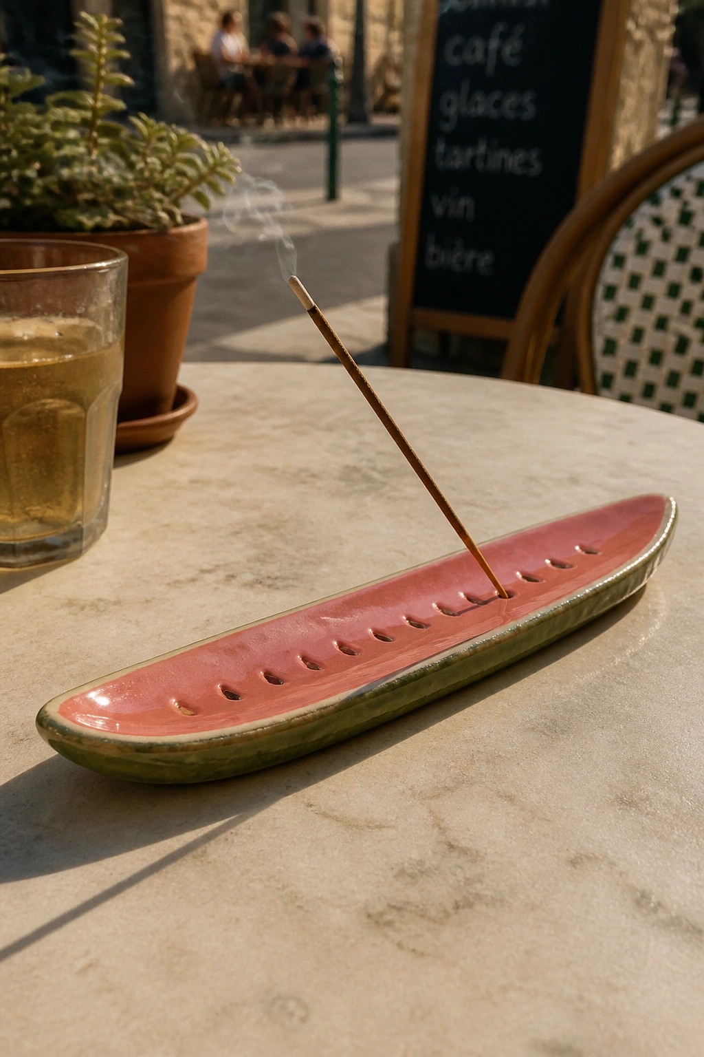 Lit incense stick in pink watermelon-shaped ceramic holder on marble cafe table