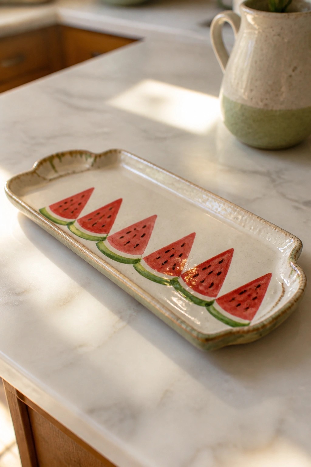 Rectangular ceramic tray with watermelon slices on white marble kitchen countertop.