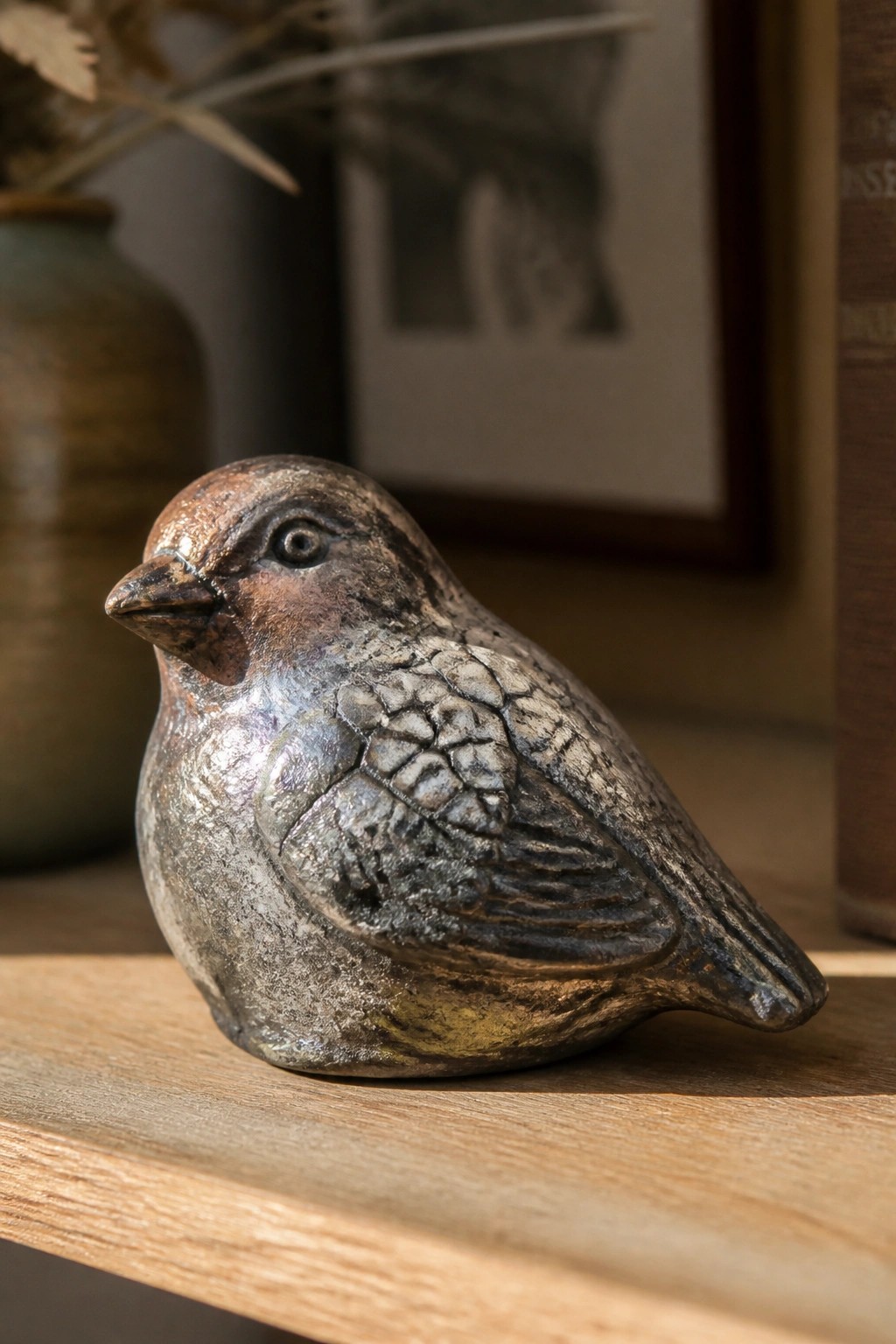 Detailed metallic bird figurine with textured feathers on wooden surface