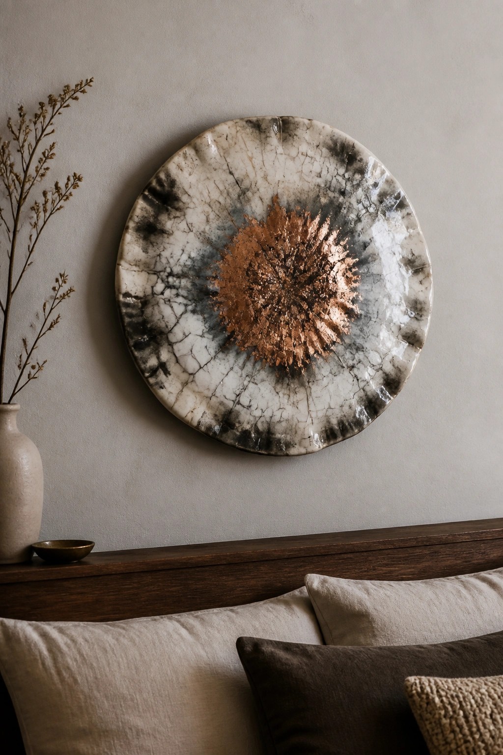 Round crackled ceramic art with copper center above wooden headboard and neutral pillows.
