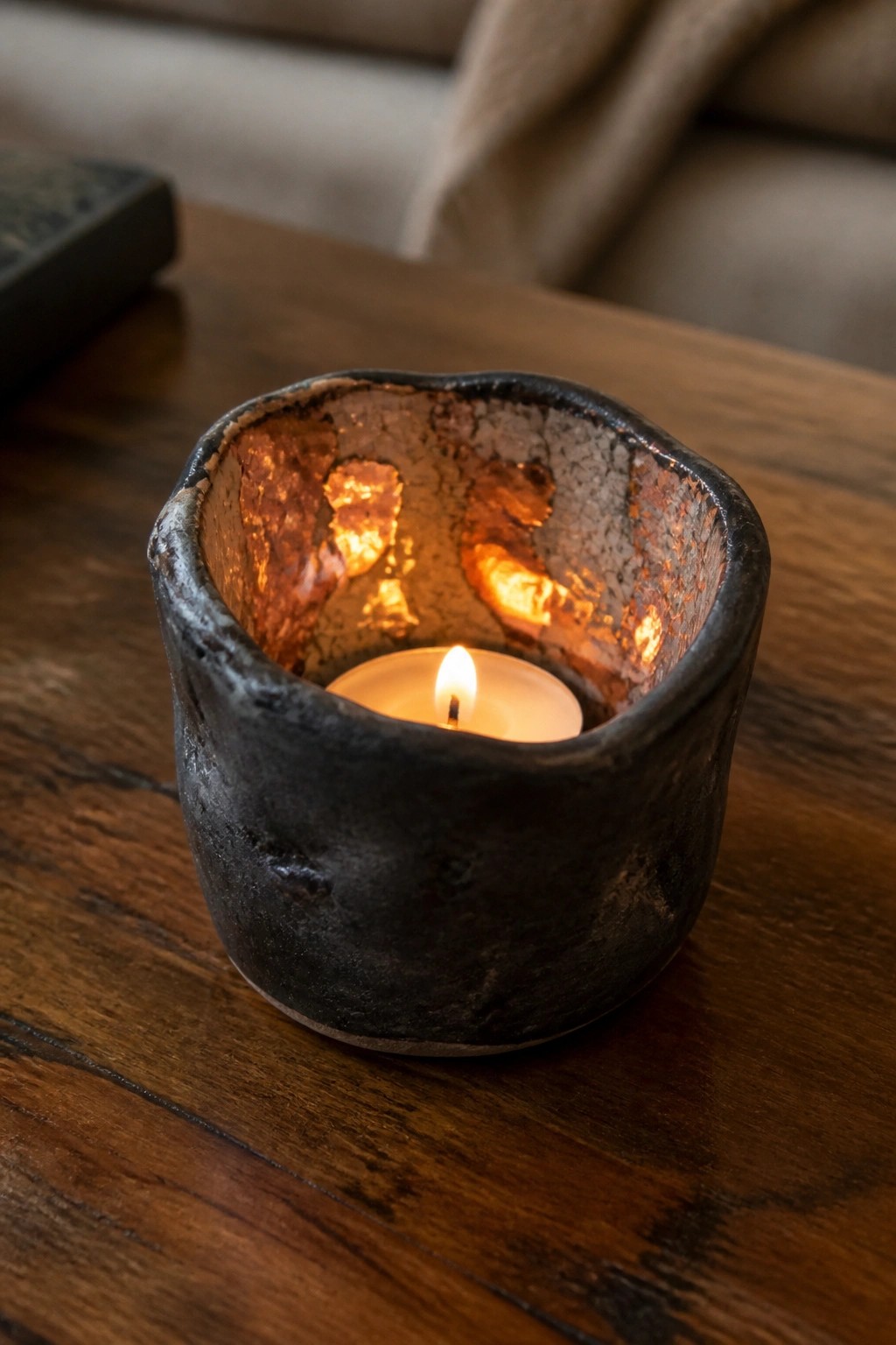 Lit candle glowing in a cracked metallic ceramic holder on wooden table.