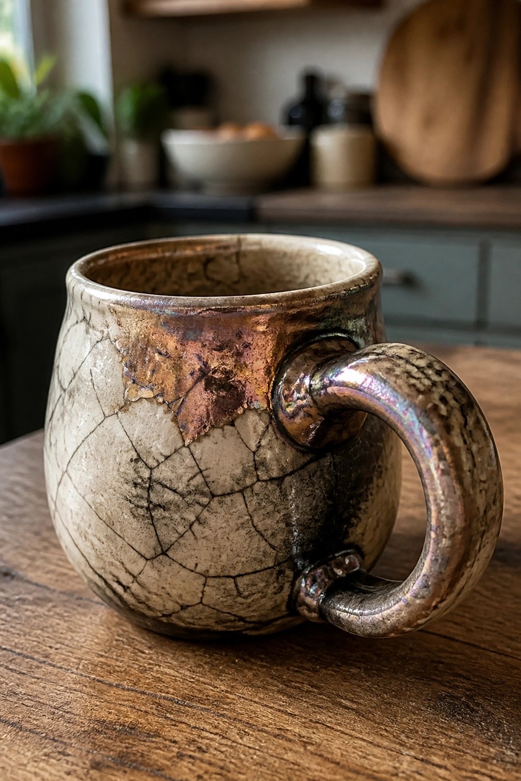 A handmade ceramic mug with a crackled white and metallic glaze sits on a wooden table, showing an iridescent curved handle.