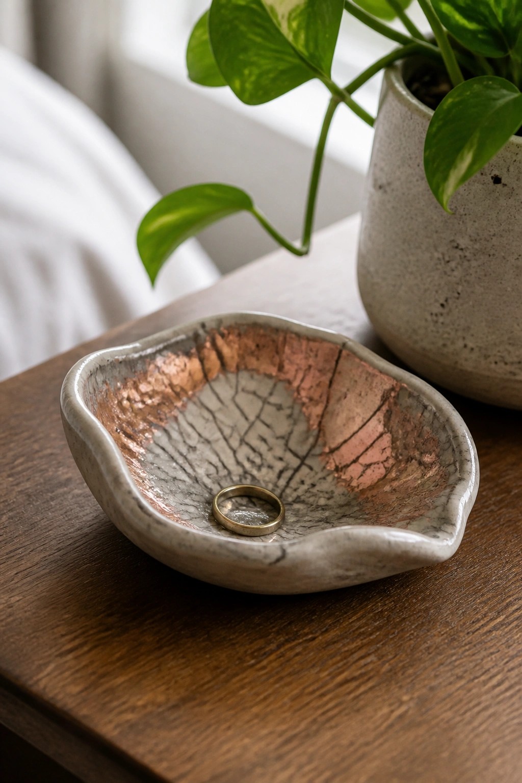Small ceramic bowl with copper crackle glaze holding gold ring on wooden table