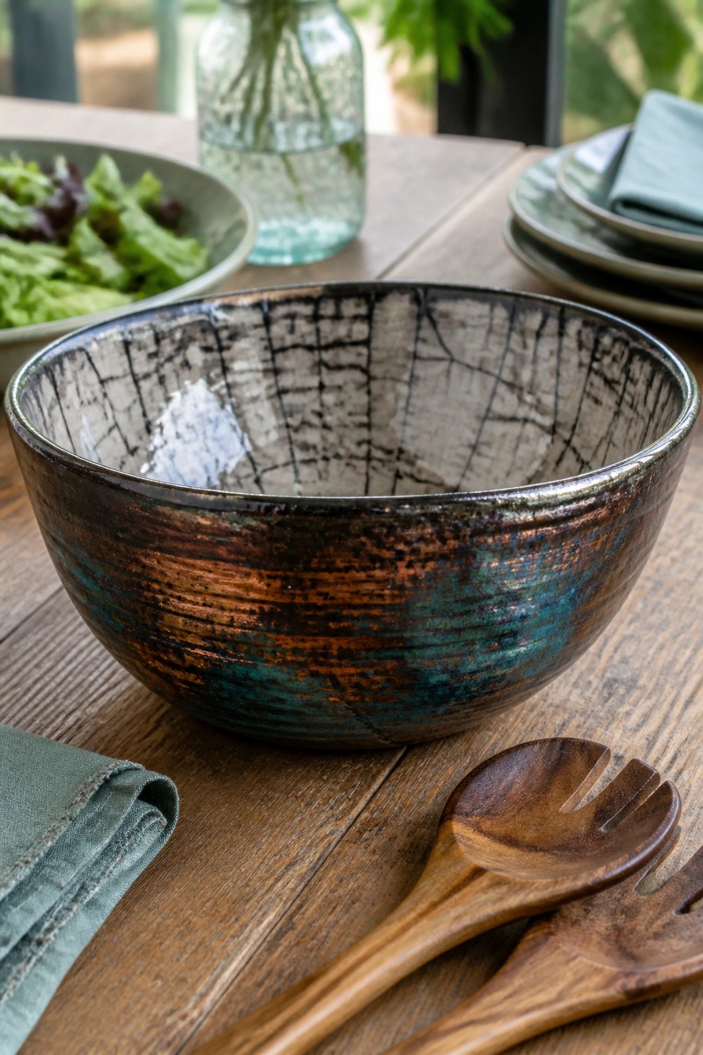 Crackled metallic bowl in blue and copper beside wooden salad servers on table