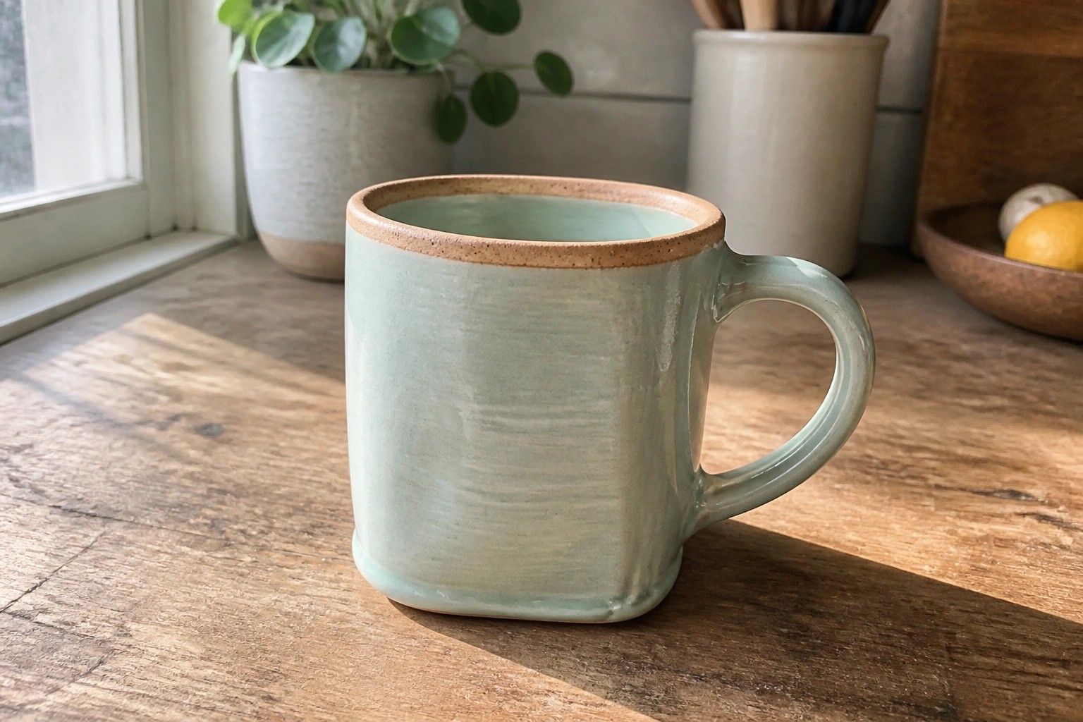 Light green square ceramic mug on wooden kitchen table with plant behind