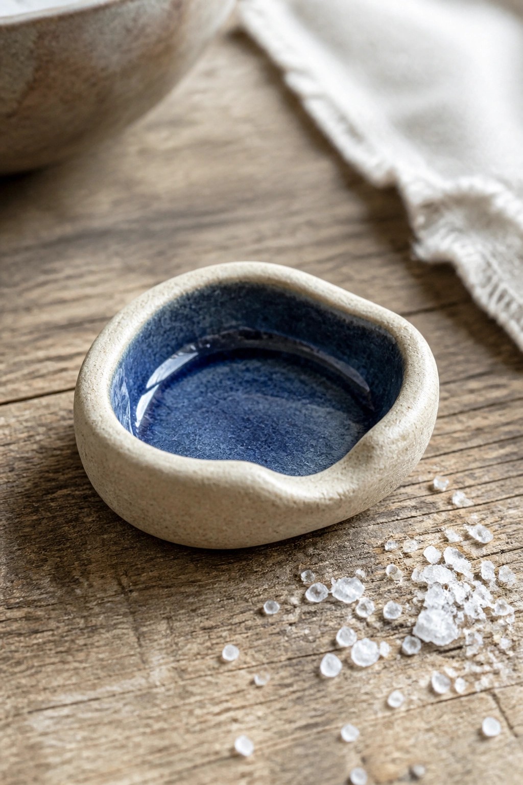 Small blue-glazed ceramic bowl on wood beside scattered salt crystals