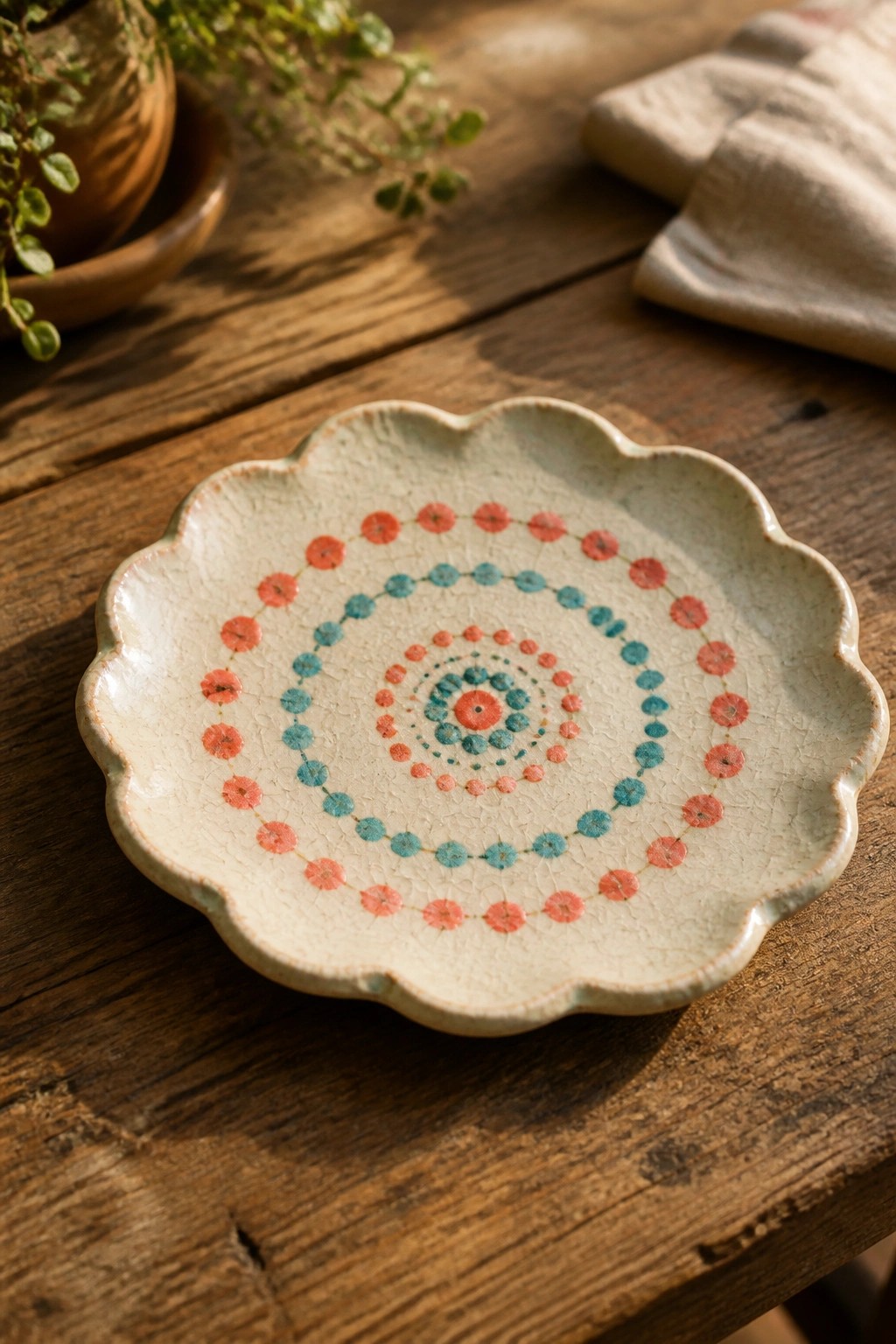 Scalloped ceramic plate with crackled glaze and red-blue dotted spirals on wood.