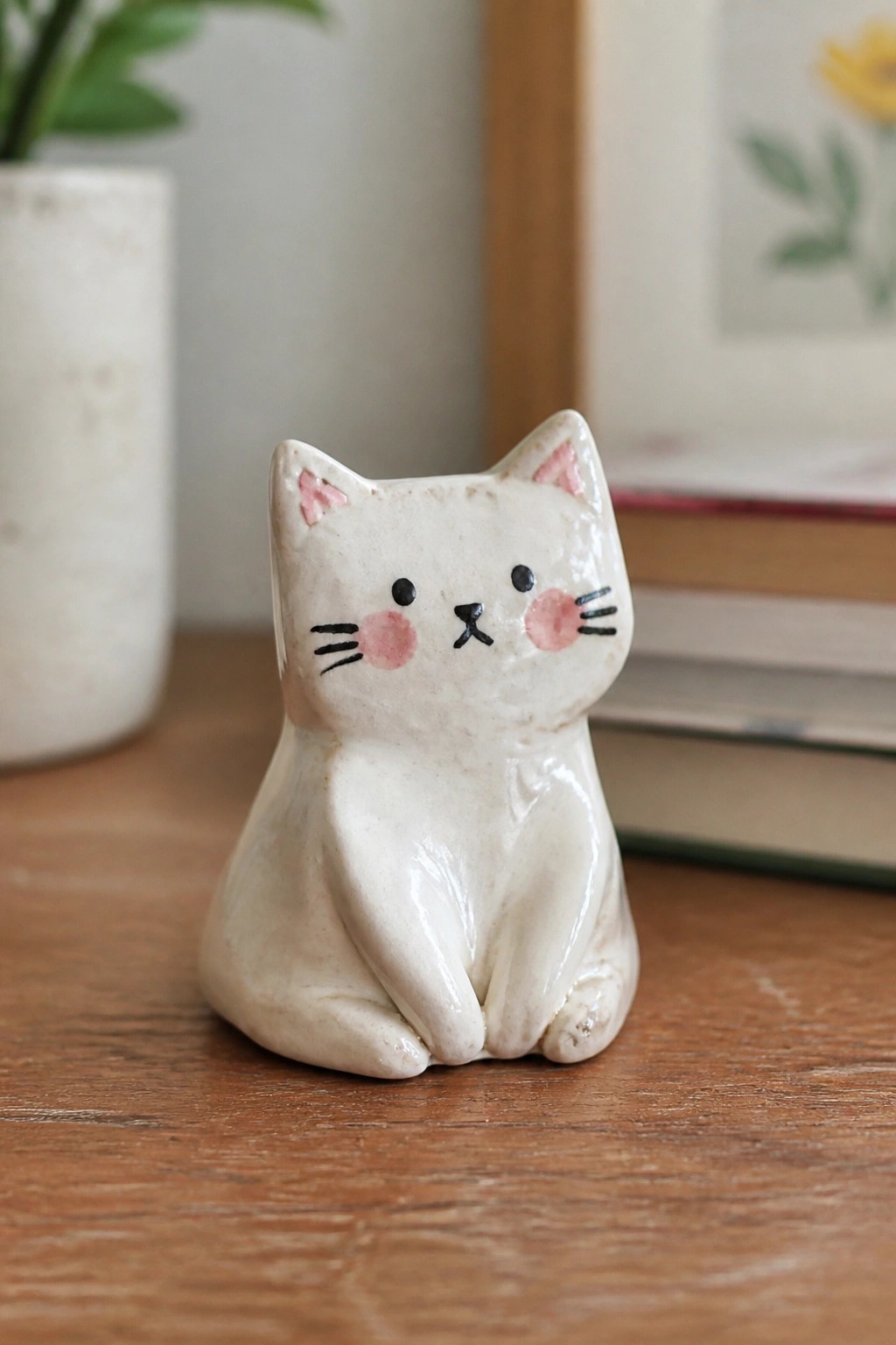 White ceramic cat figurine with pink ears and cheeks on wooden table.