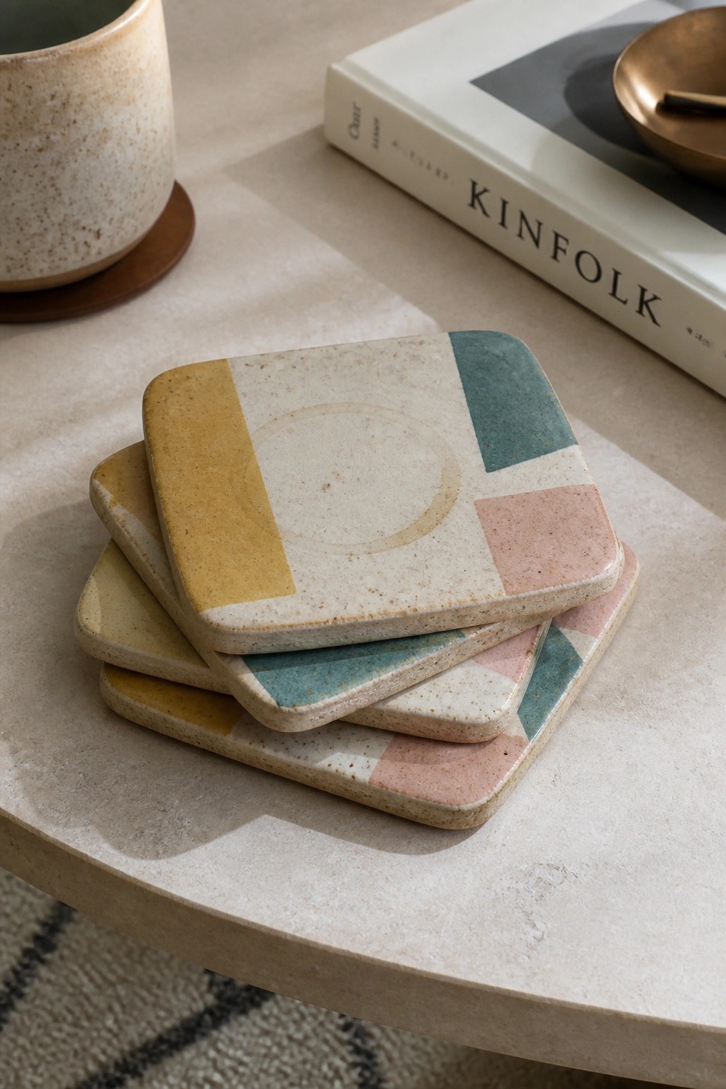 Stacked colorful geometric ceramic coasters on a light stone table with a book nearby.