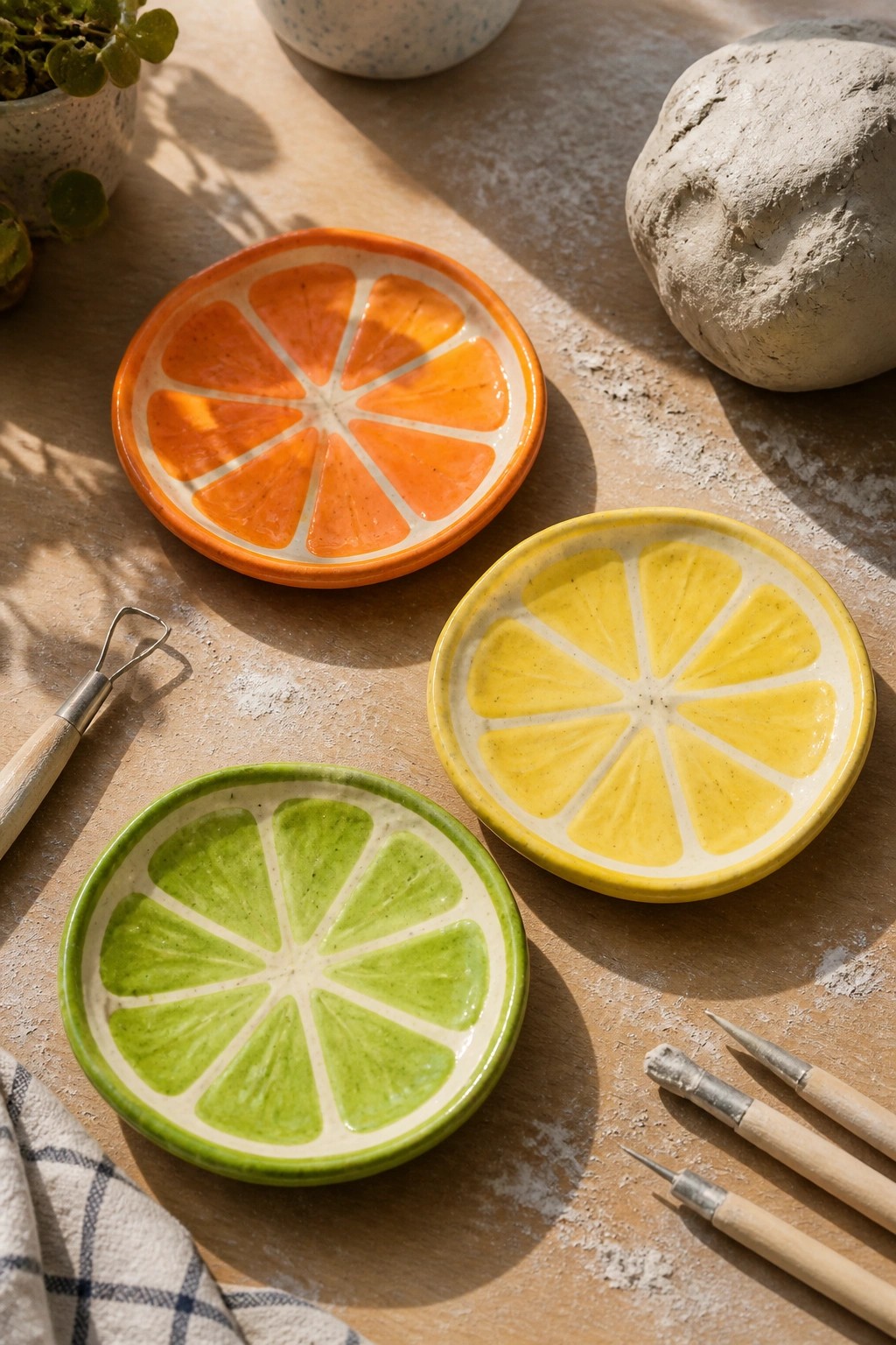 Three colorful citrus-slice ceramic plates with pottery tools on wooden table