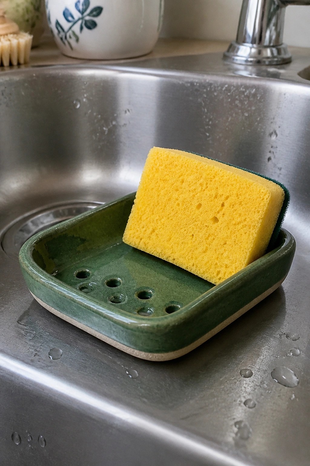 Yellow sponge in green ceramic dish inside wet stainless steel sink.