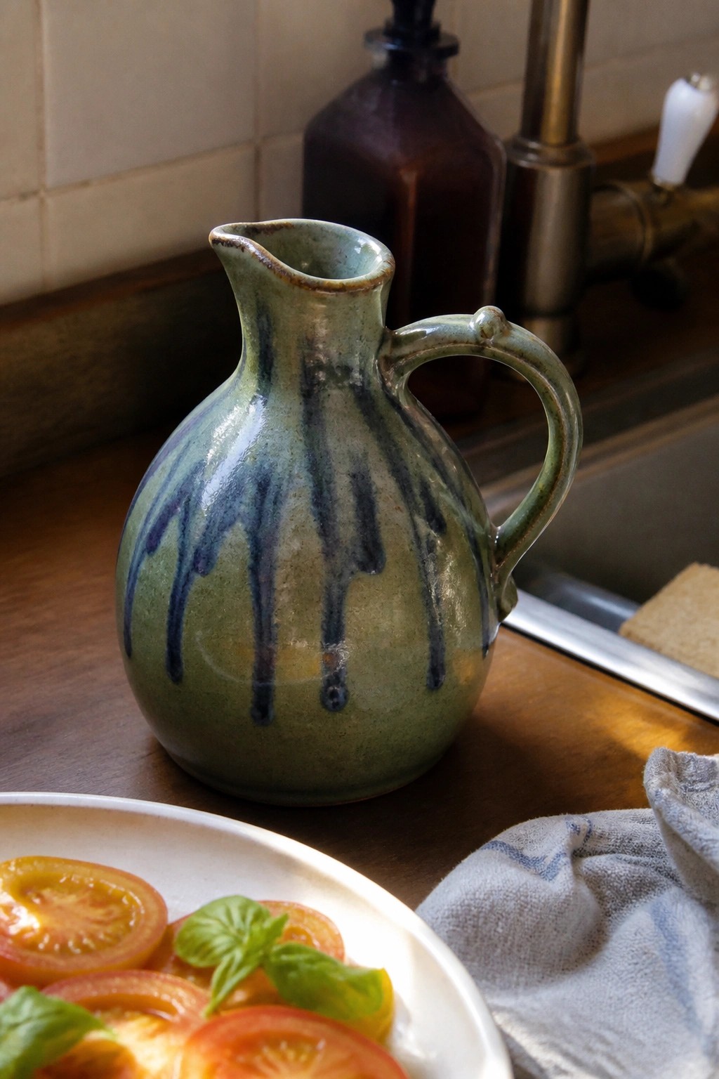Green ceramic pitcher with blue glaze beside plate of sliced tomatoes and basil