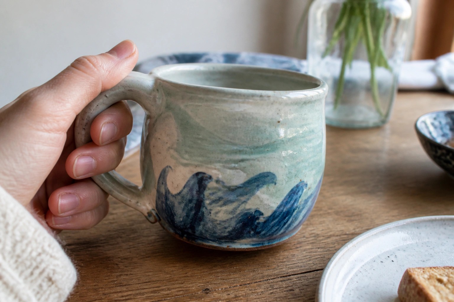 Hand holding streaky blue-green ceramic mug on wooden table near croissant