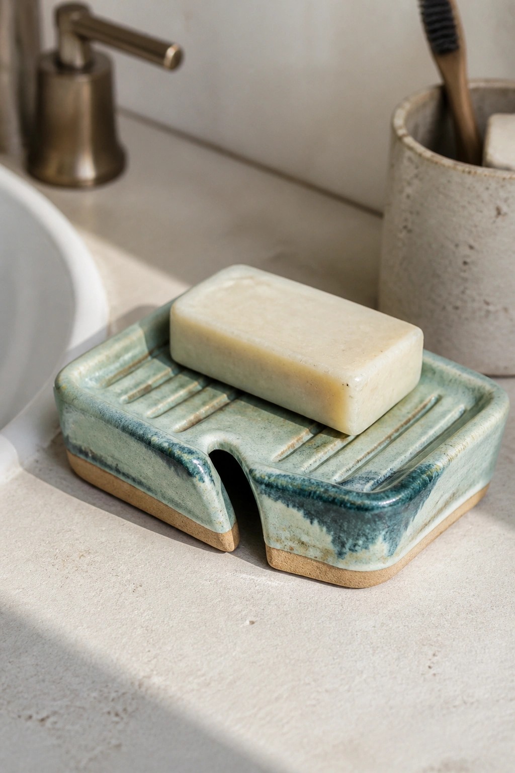 A rectangular ceramic soap dish with blue and green glaze holds a bar of soap on its ridged surface beside a sink.
