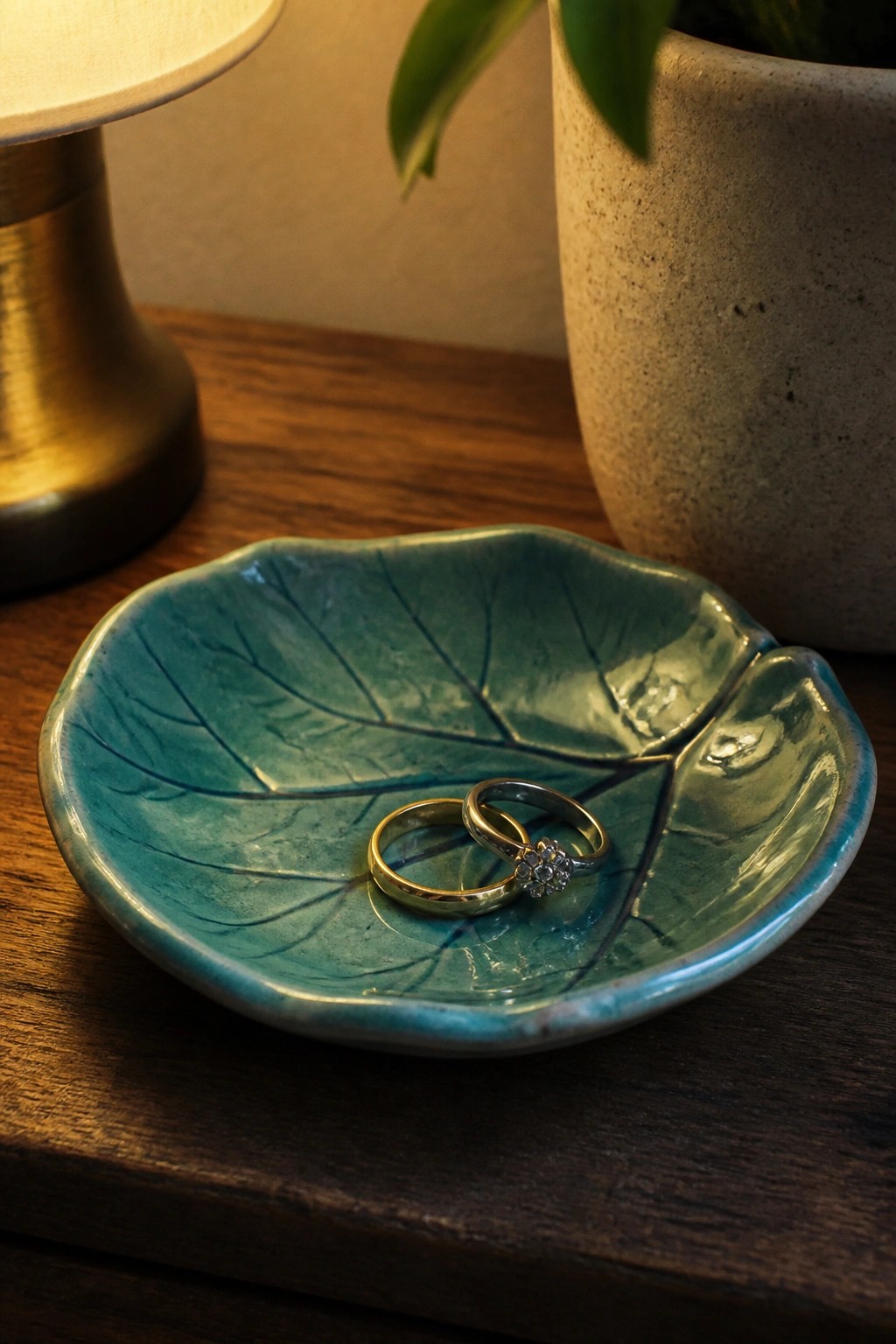 Two rings rest in a teal leaf-shaped ceramic dish on a wooden table