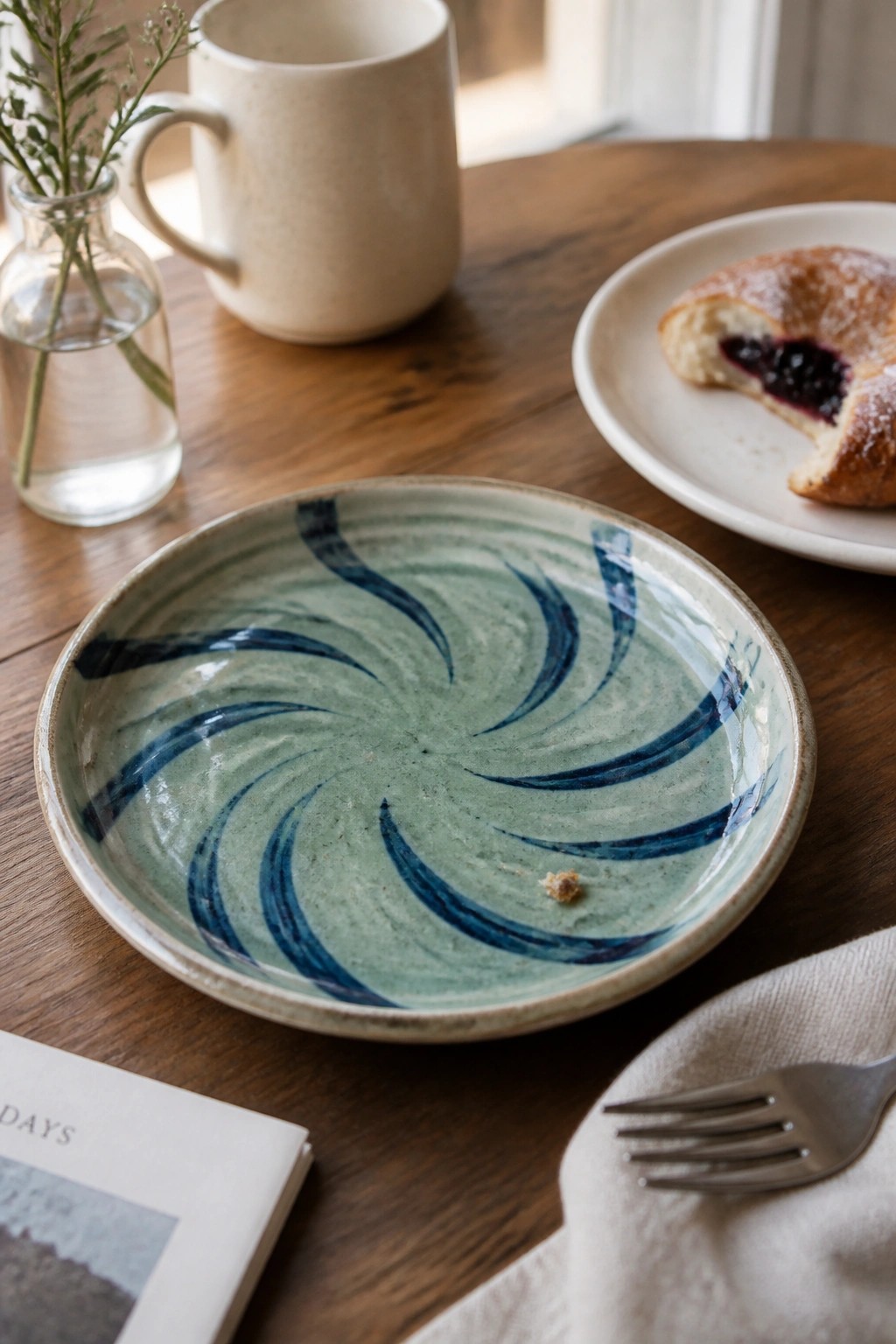 Green and blue swirled plate on wooden table beside mug and berry pastry.