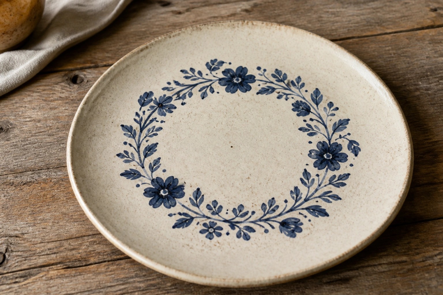 Blue floral ceramic plate on rustic wooden table with linen napkin