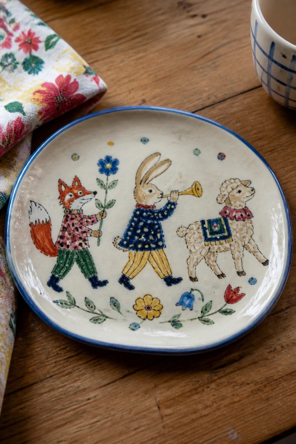 Illustrated ceramic plate with fox in jacket, rabbit with trumpet, and sheep on wood table.