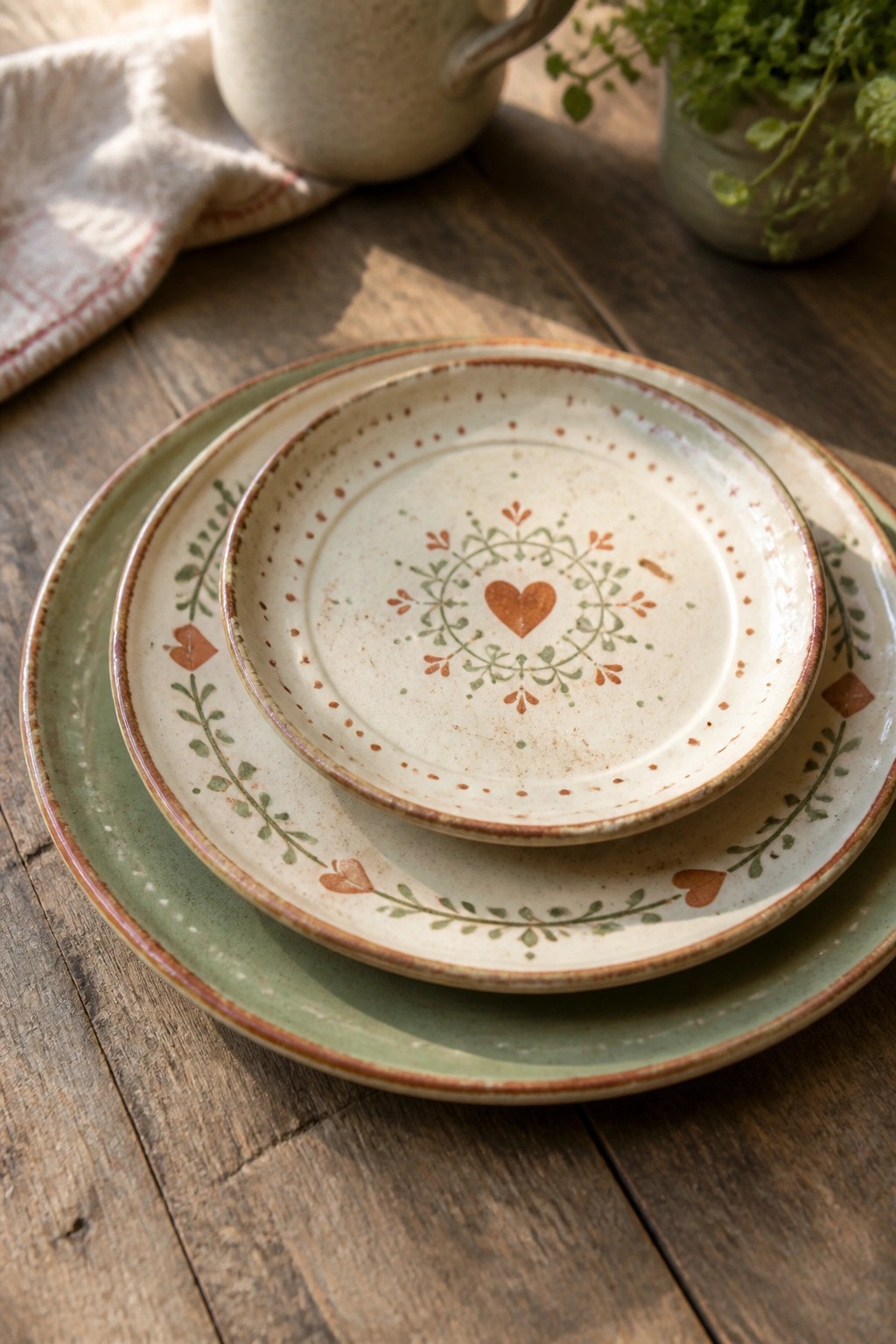 Stacked ceramic plates with heart and vine motifs on rustic wooden table