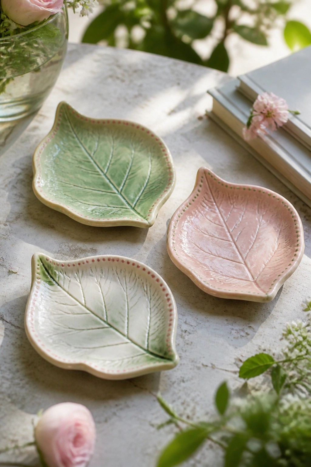 Three pastel leaf-shaped ceramic bowls on marble table with flowers and books