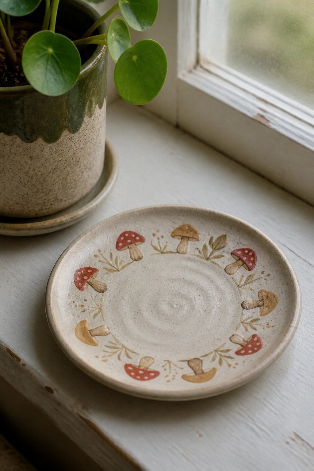 Ceramic plate with mushroom motifs beside potted plant on white windowsill