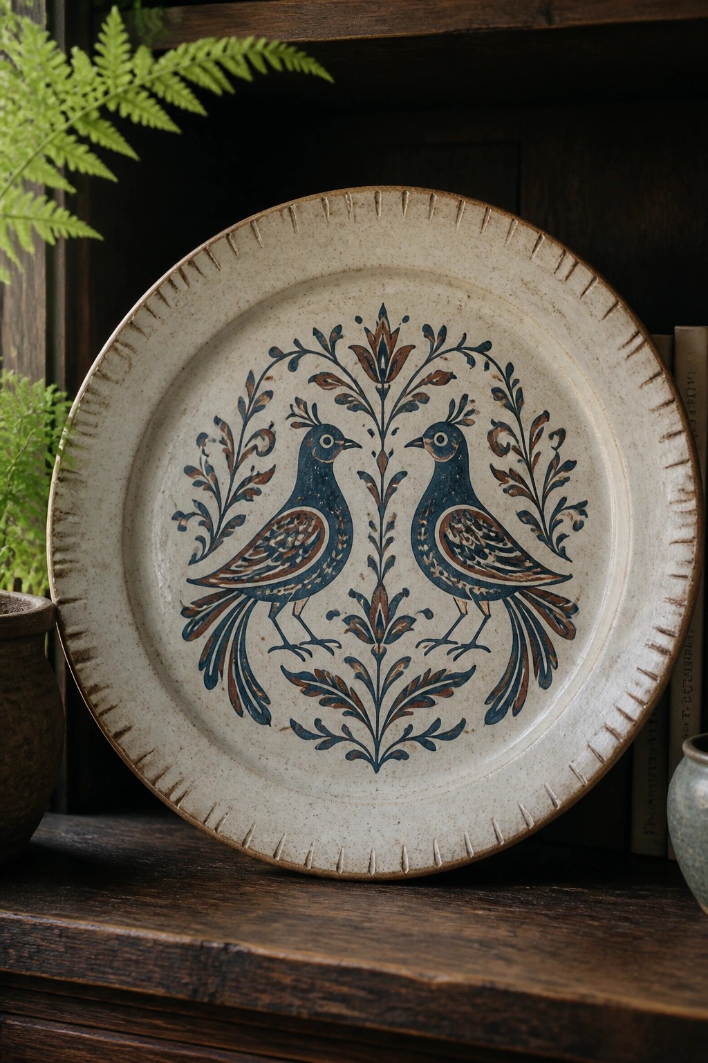 Ceramic plate with scalloped rim showing two blue birds amid brown floral vines