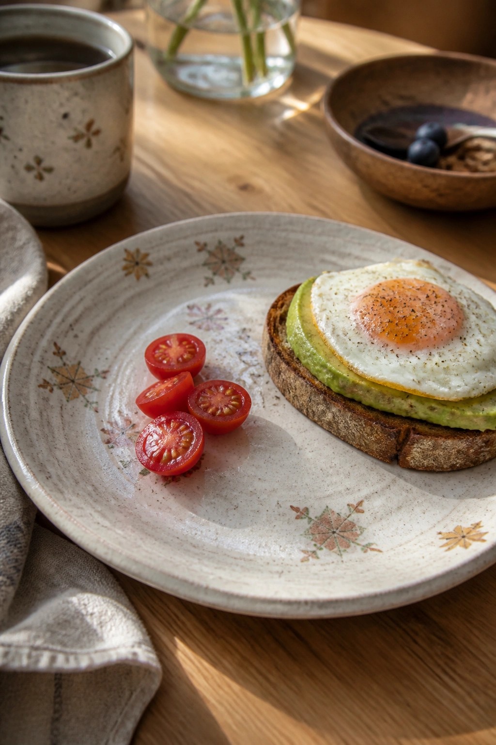 Avocado toast topped with fried egg and sliced tomatoes on patterned plate
