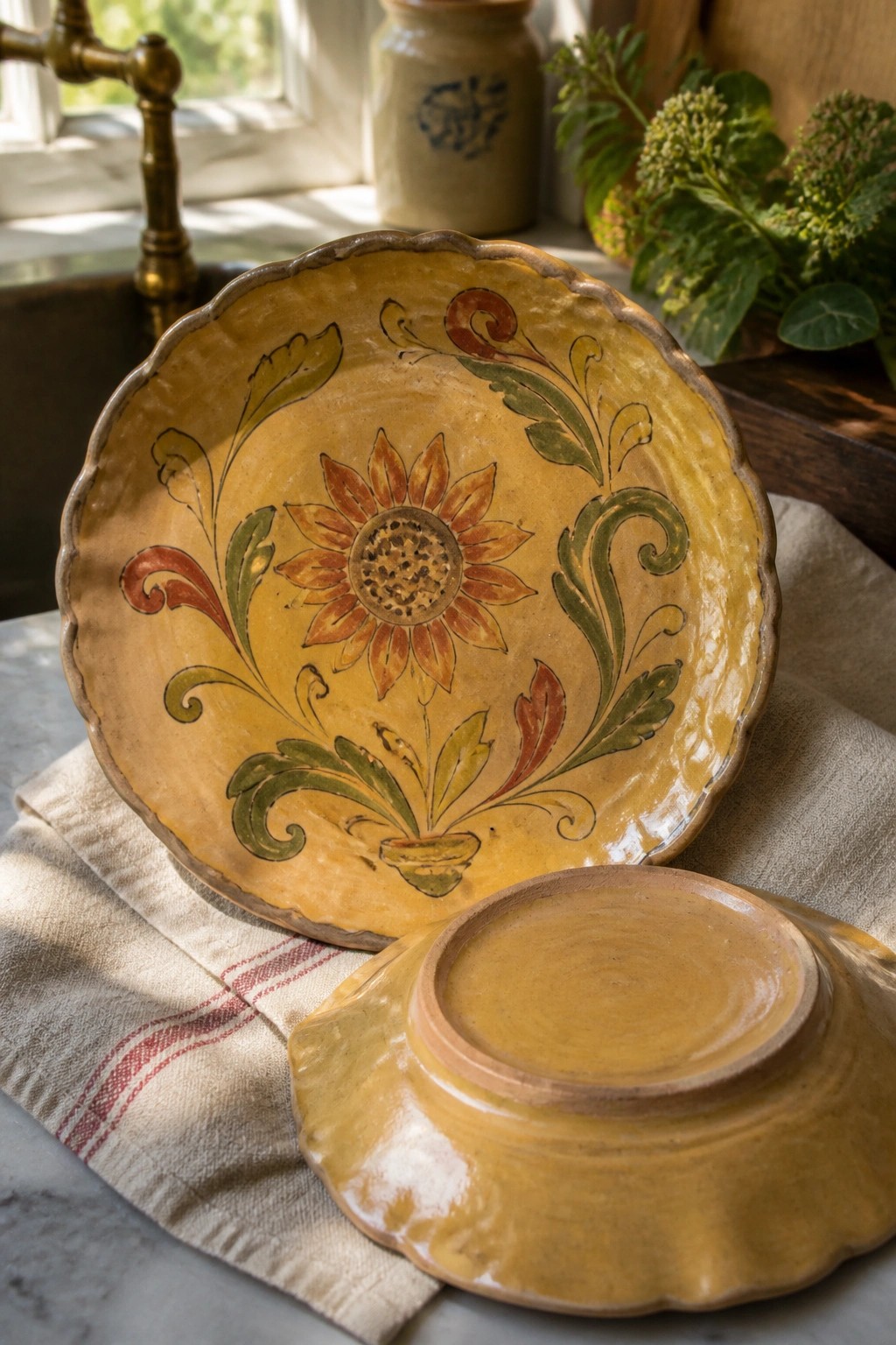 Two yellow ceramic bowls on striped cloth, one with sunflower design.