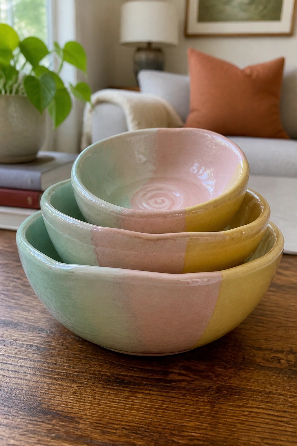 Three nested pastel ceramic bowls in green, pink, and yellow on wooden table
