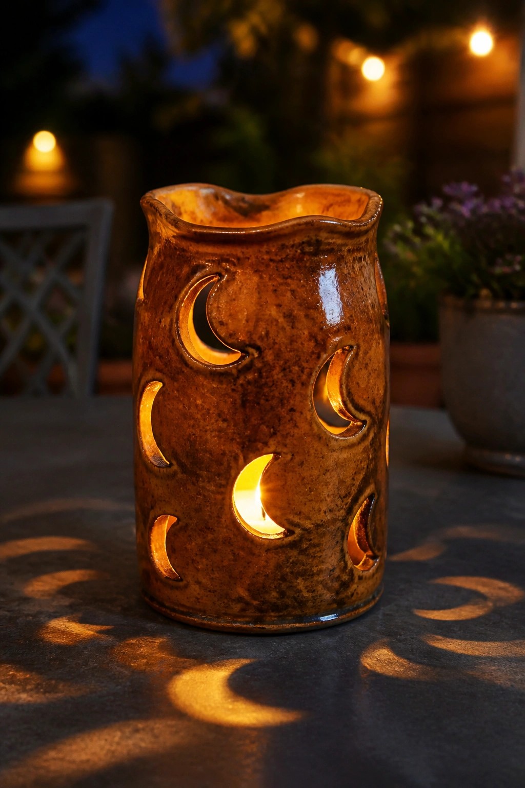 Brown ceramic moon lantern glowing with candle on dark outdoor table