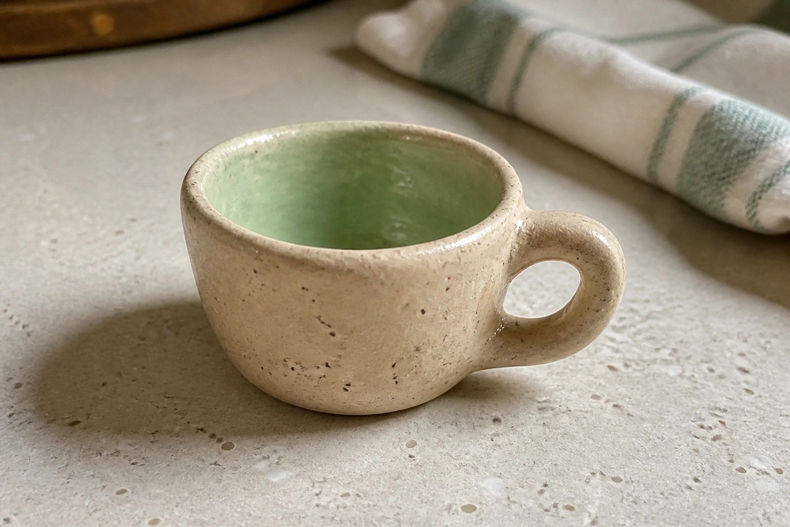 Small speckled beige ceramic mug with mint green interior on marble counter