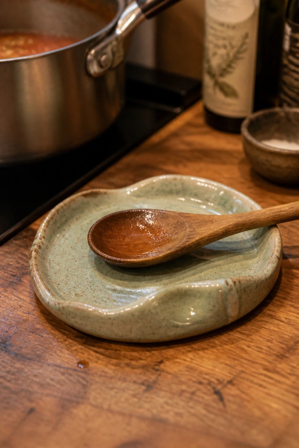 Wooden spoon on green ceramic plate beside pot of red sauce on stove