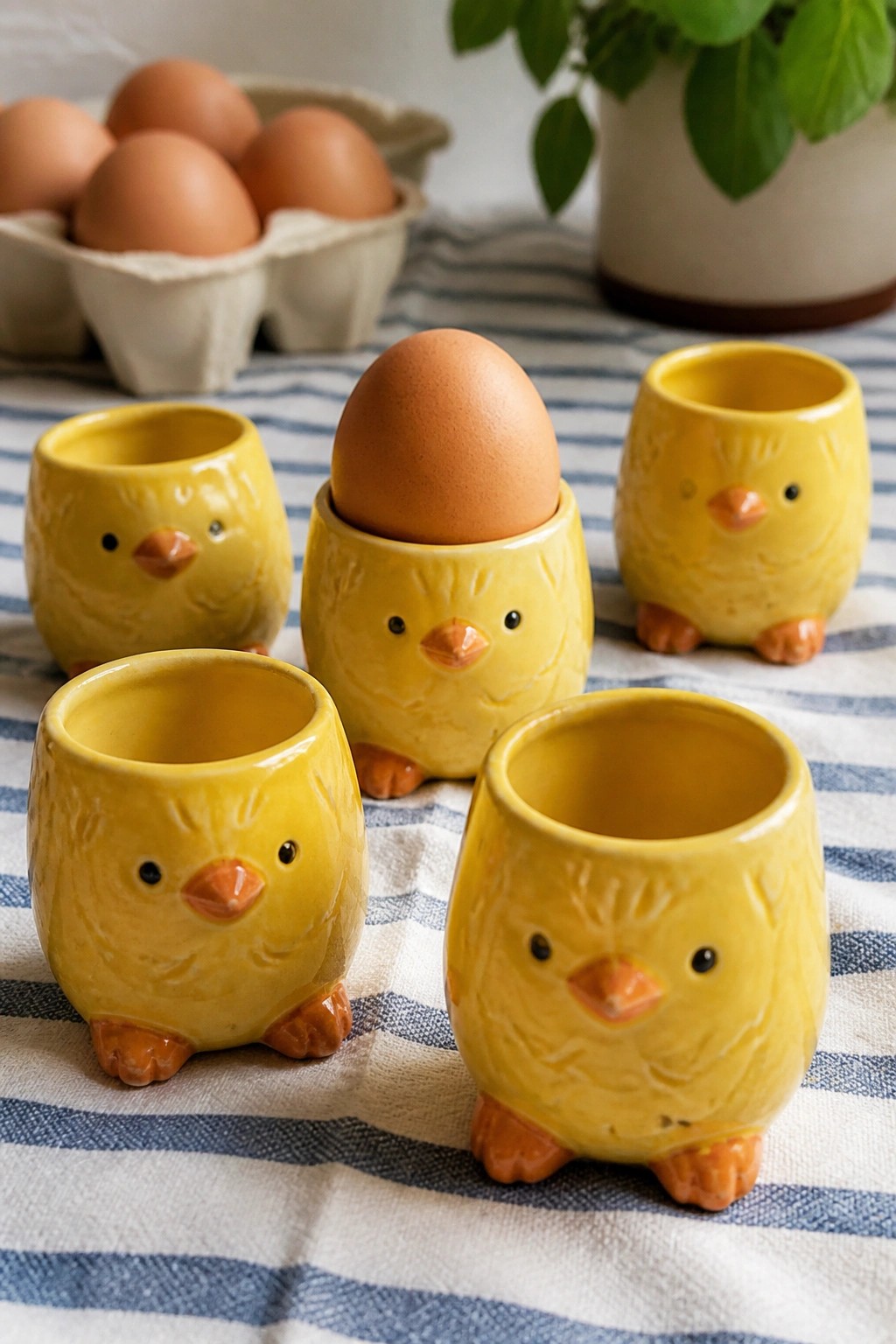 Yellow ceramic chick-shaped egg cups arranged on a blue striped cloth, one holding a brown egg.