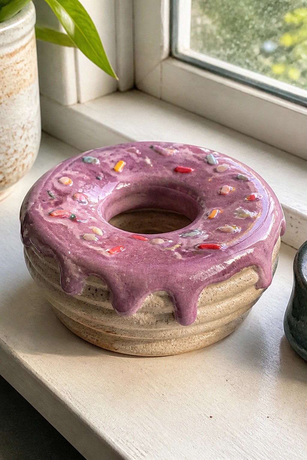 Ceramic donut sculpture with purple glaze and sprinkles on a windowsill.