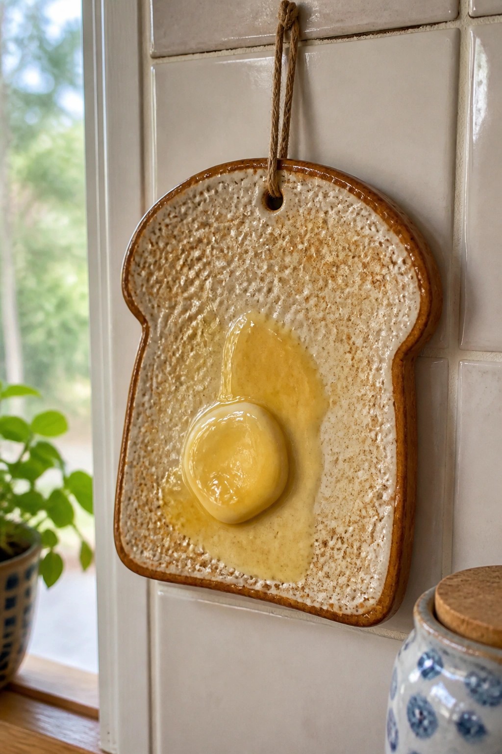 Ceramic toast with fried egg hangs from twine on white tiled kitchen wall