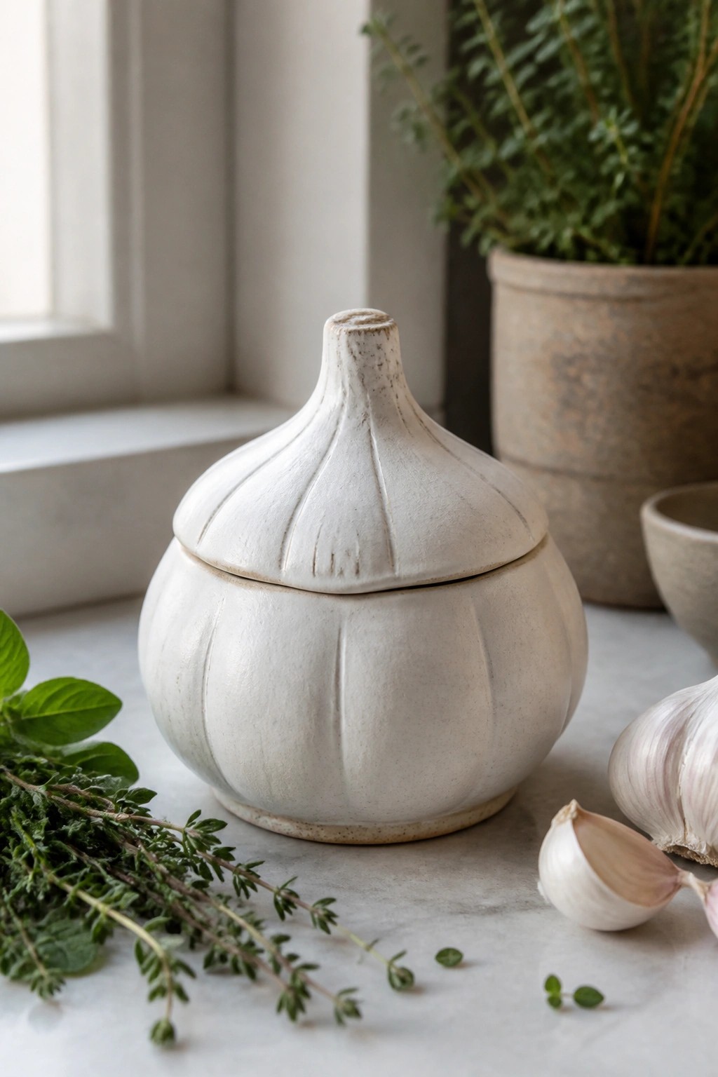 White ceramic garlic-shaped jar with lid amid fresh herbs and garlic on marble.
