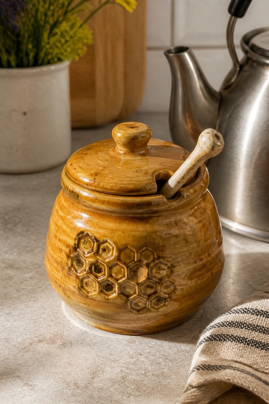 Brown glazed ceramic honey pot with honeycomb design and dipper on counter