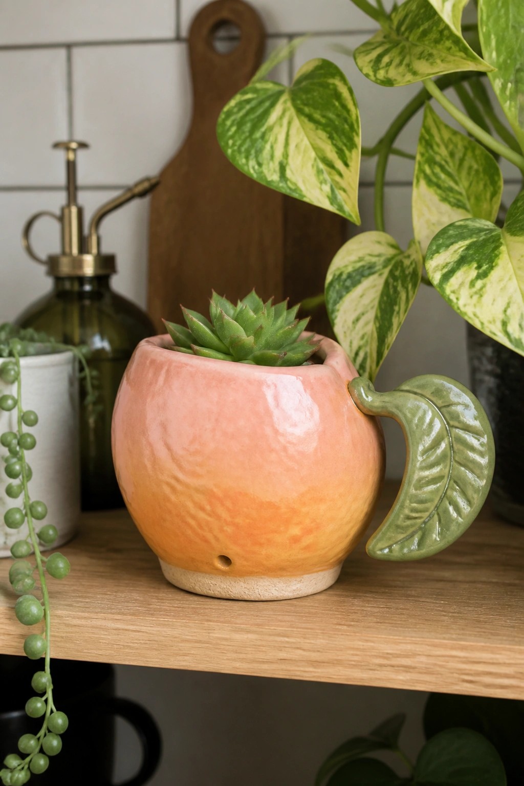 Peach-orange ceramic pot with green leaf handle holding a green succulent on wooden shelf.