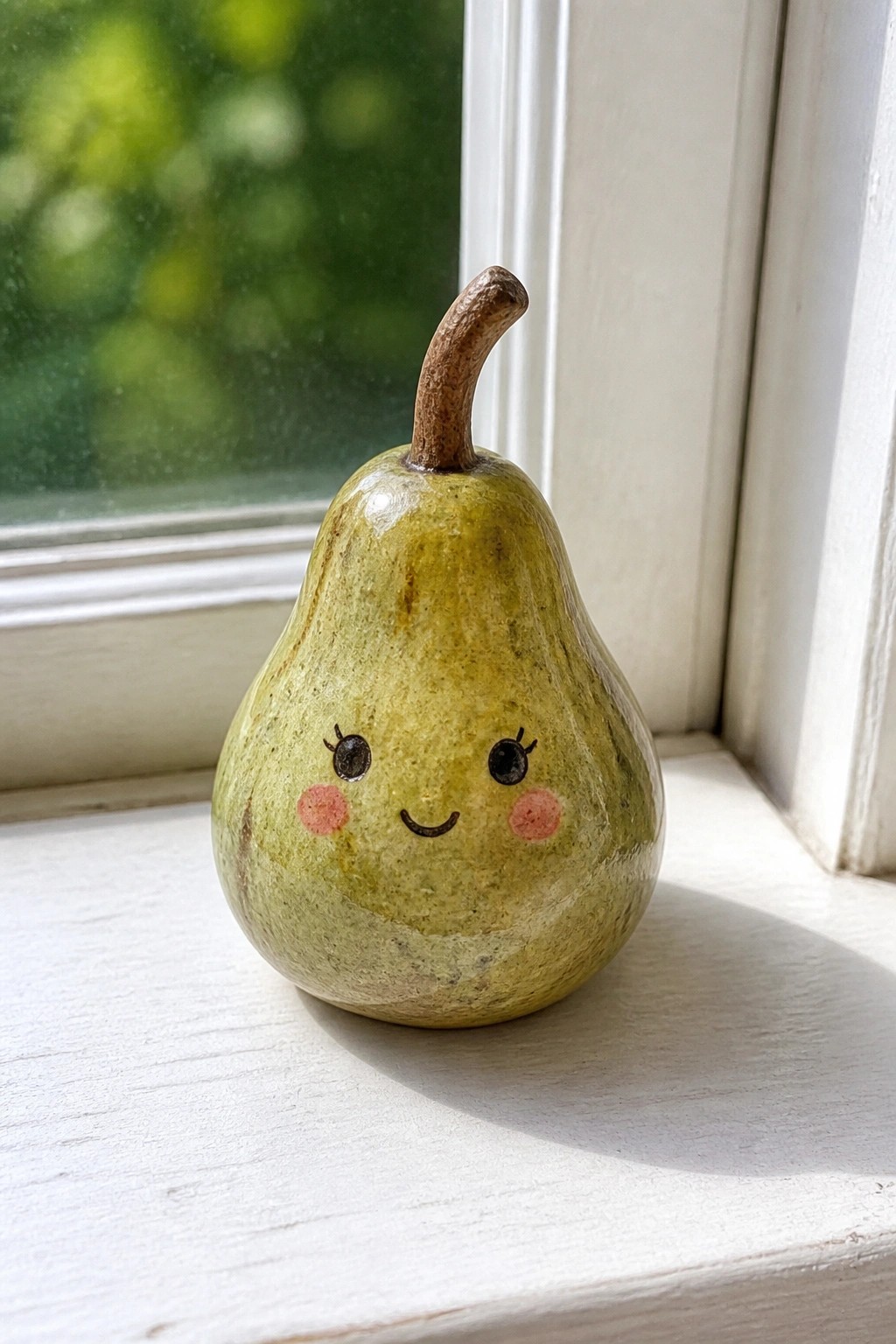 Green pear figurine with cute smiling face and pink cheeks on windowsill