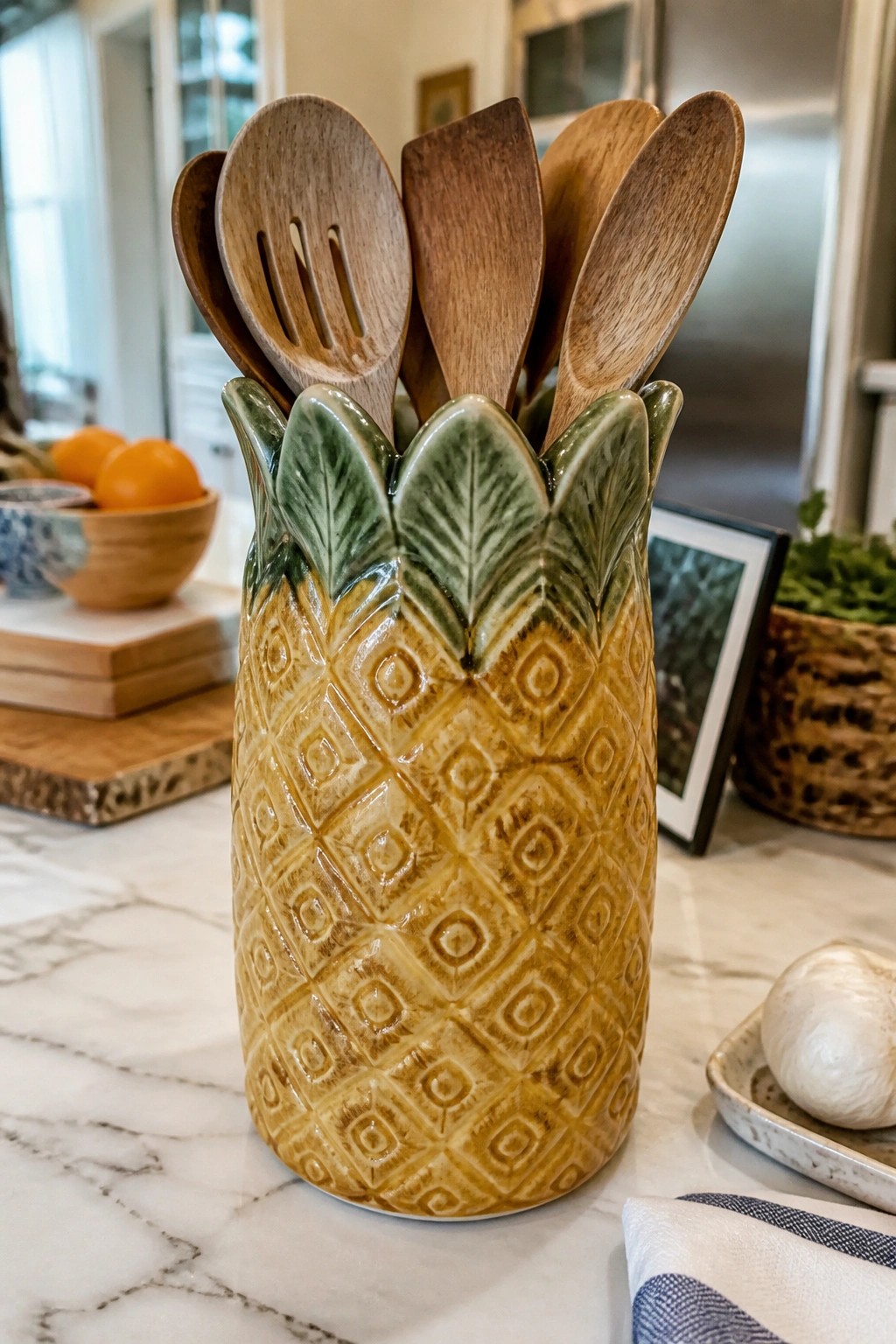 Ceramic pineapple utensil holder filled with wooden spoons on marble counter