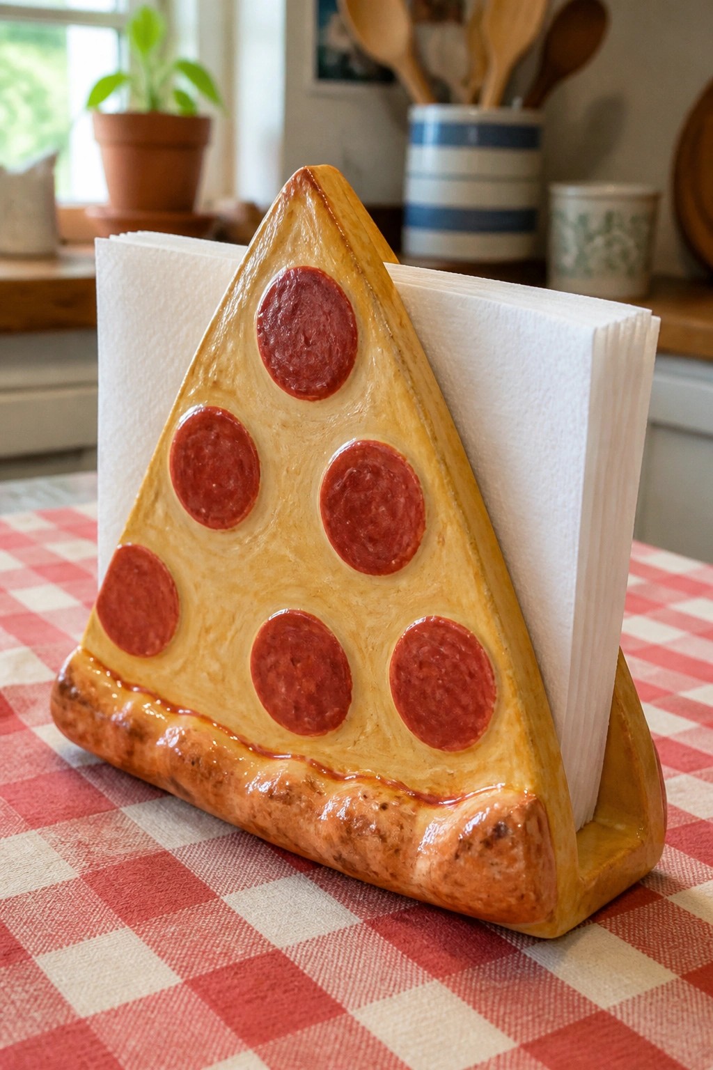A ceramic pizza slice napkin holder sits on a red and white checkered tablecloth holding white paper napkins.