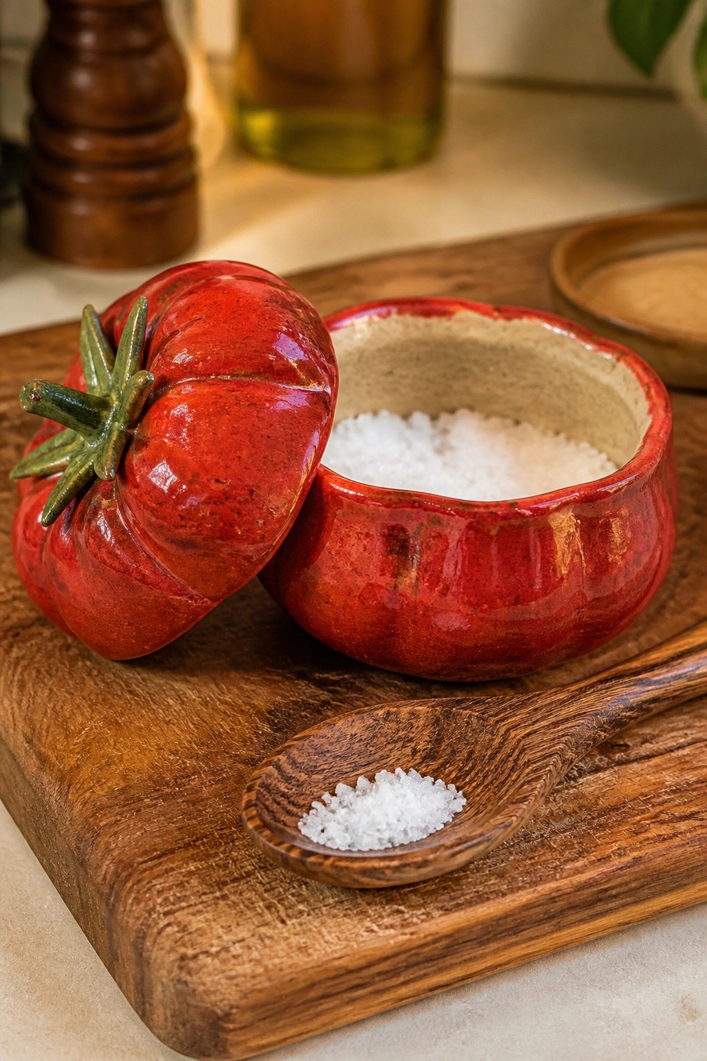 Red tomato-shaped ceramic salt bowl open on wooden board with spoon of salt