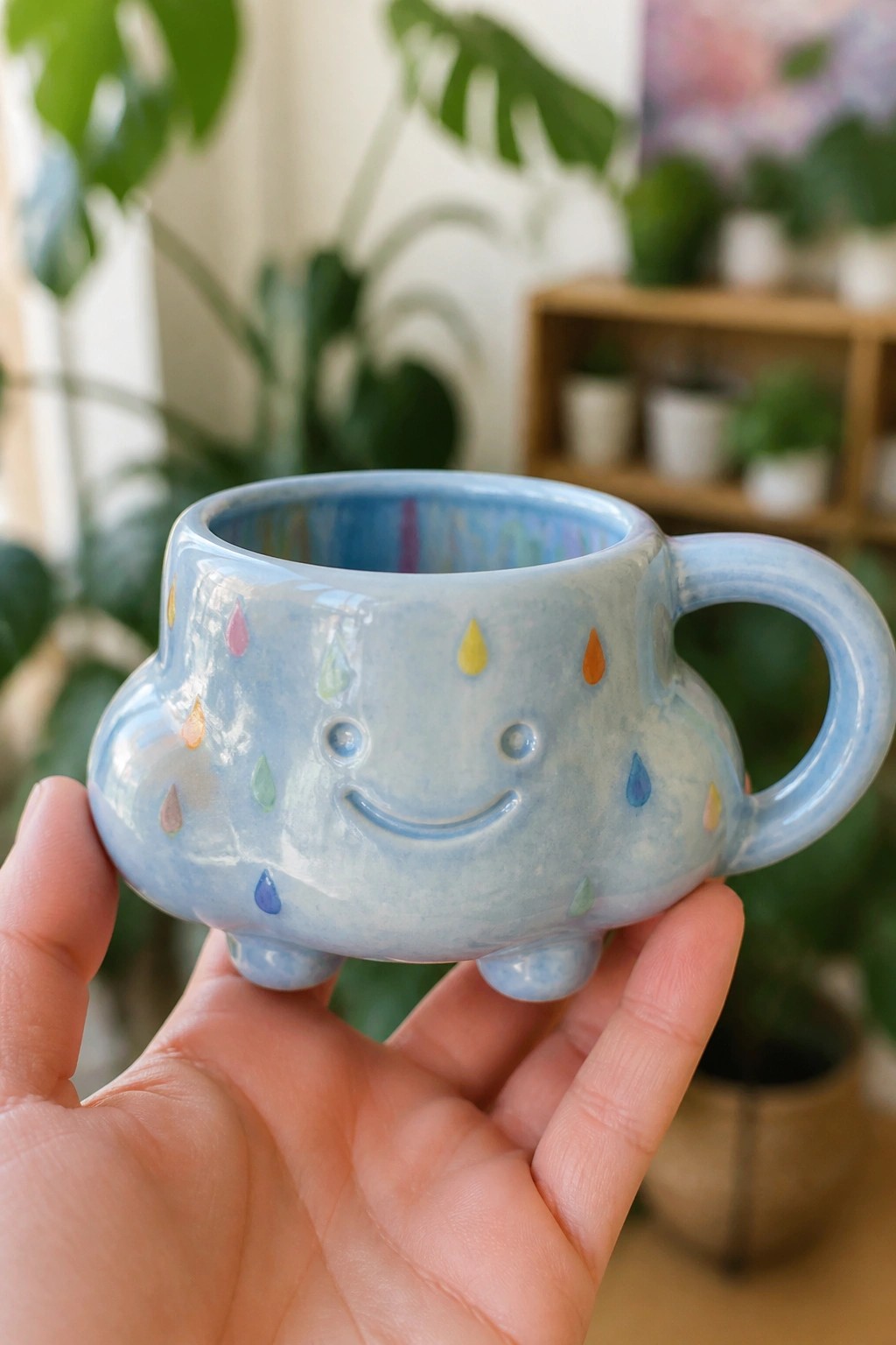 Hand holding light blue cloud-shaped ceramic mug with smiling face and colorful raindrops.