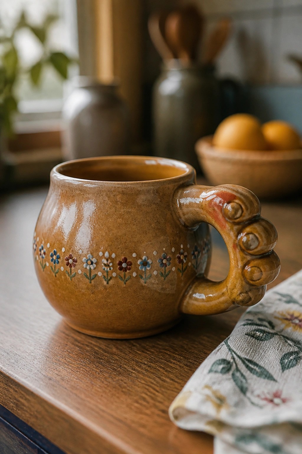 Brown ceramic mug with floral pattern and paw-shaped handle on wooden table