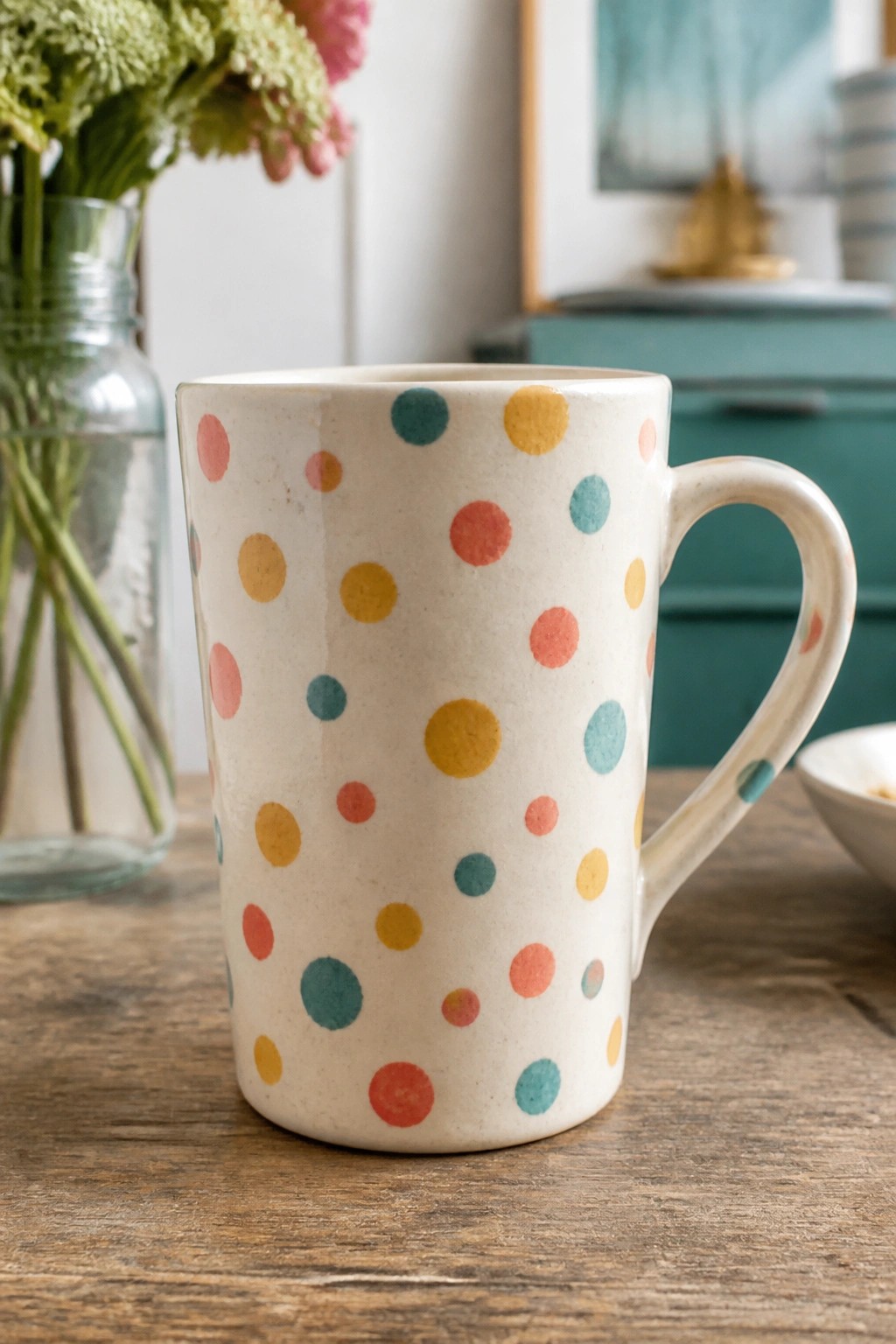 White ceramic mug with colorful polka dots on rustic wooden table