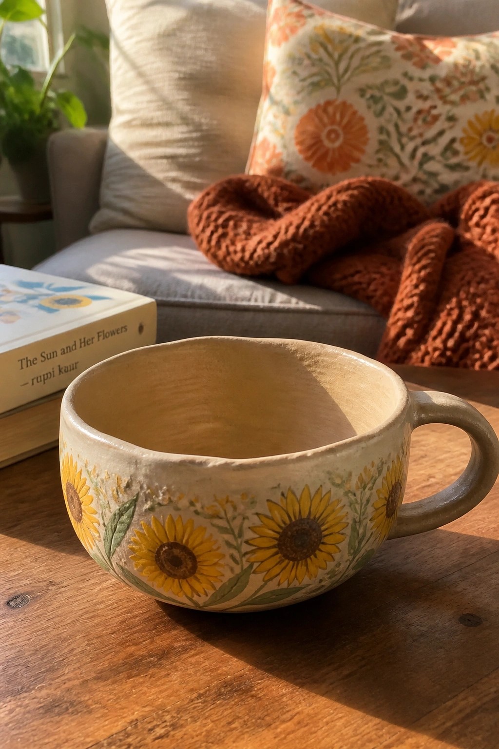 A ceramic mug with painted sunflowers rests on a wooden table beside a book.