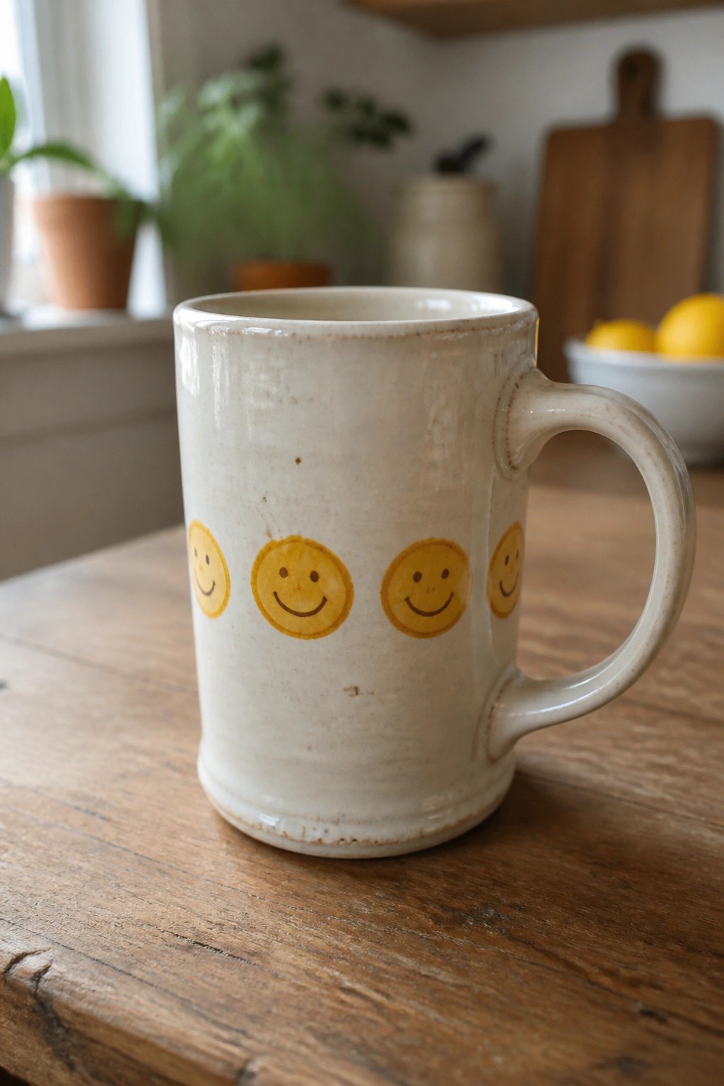 White ceramic mug with yellow smiley faces on rustic wooden table